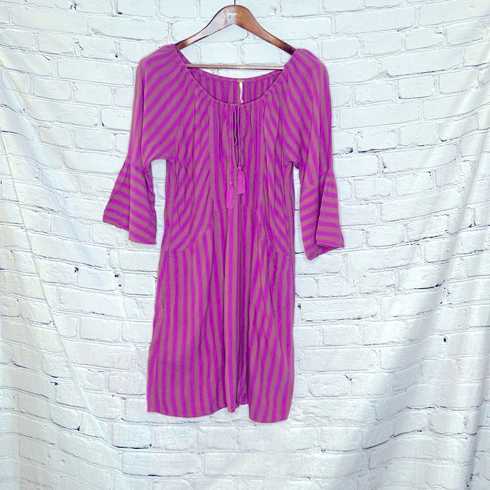 Free People Purple Brown Striped Long Sleeve Dress Size Large